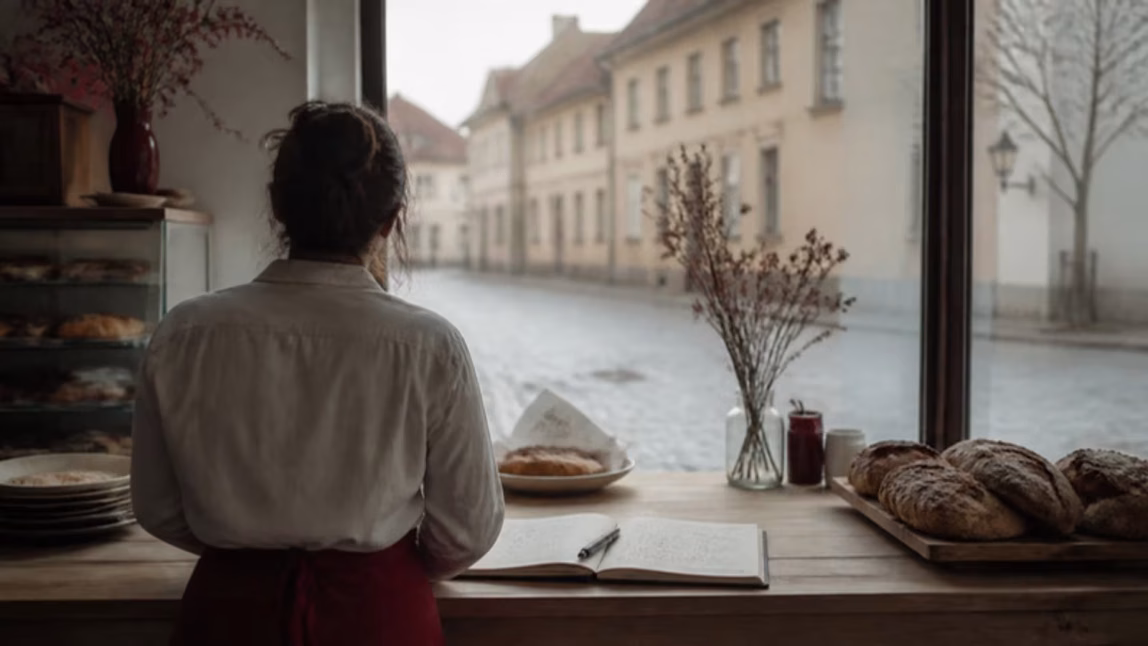 Majitelka malé pekárny se dívá z výlohy do ulice