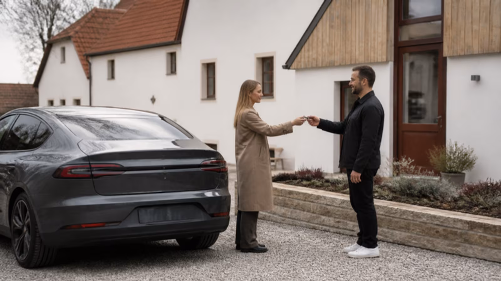 Předání klíčů od tmavě šedého auta před venkovským statkem