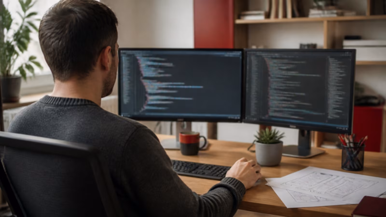 Vývojář u dvou monitorů s kódem a náčrty aplikace na papíře